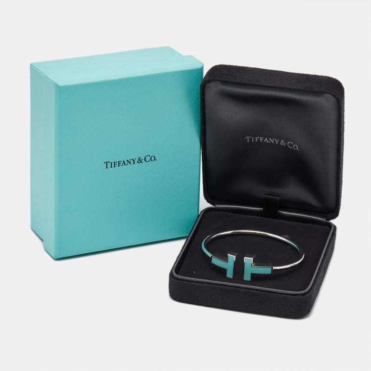 Pre Owned Tiffany & Co. T Wire Turquoise 18k White Gold Wide Bracelet