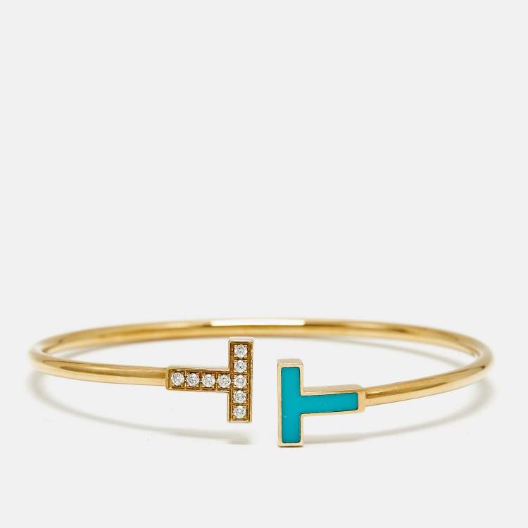 Pre Owned Tiffany & Co. Tiffany T Wire Turquoise Diamonds 18k Yellow Gold Bracelet