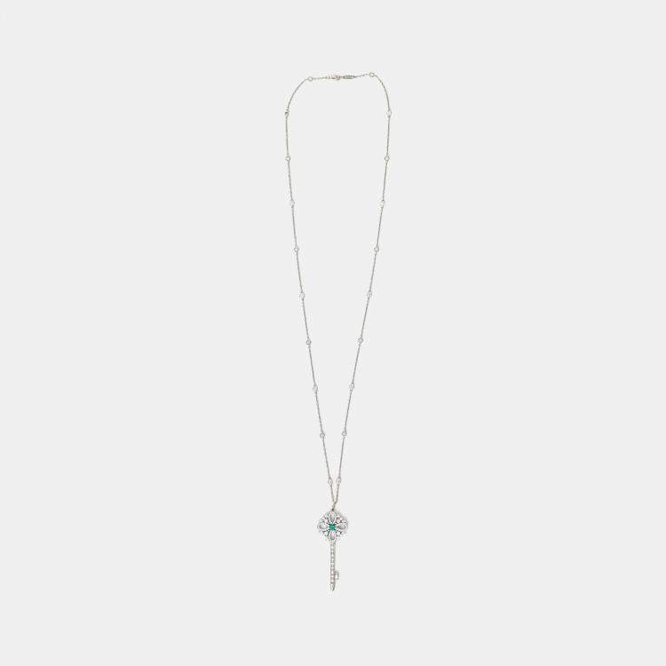 Pre Owned Tiffany & Co. Platinum Diamond Emerald Victoria Key Pendant on Diamond Station Chain