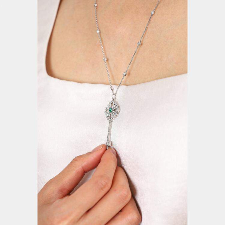 Pre Owned Tiffany & Co. Platinum Diamond Emerald Victoria Key Pendant on Diamond Station Chain
