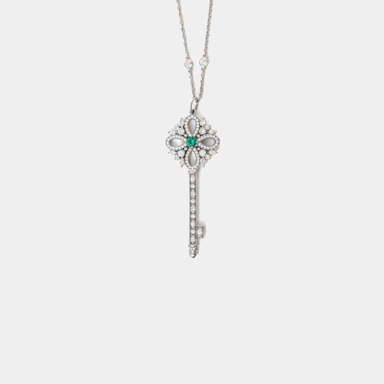 Pre Owned Tiffany & Co. Platinum Diamond Emerald Victoria Key Pendant on Diamond Station Chain