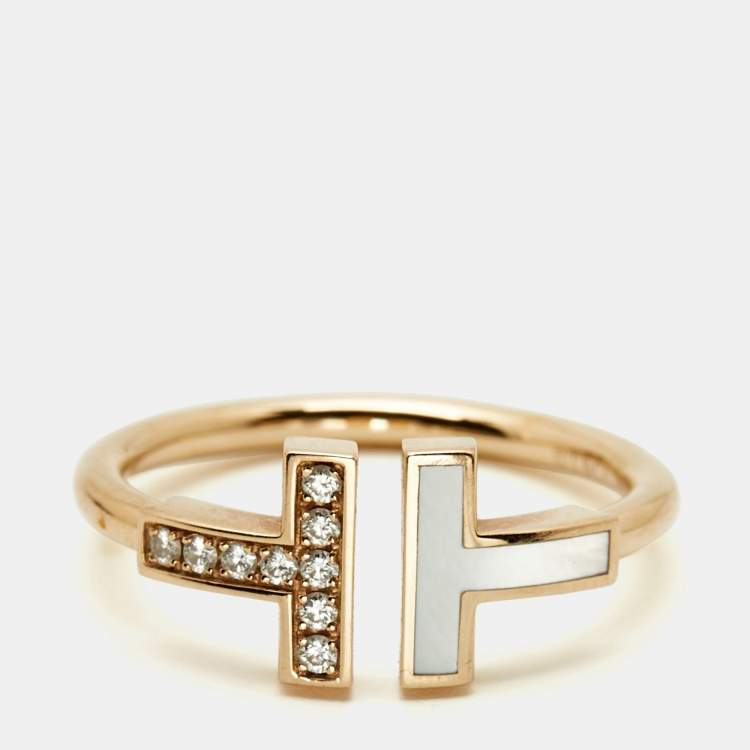 Pre Owned Tiffany & Co. Tiffany T Mother of Pearl Diamond 18k Rose Gold Ring Size 56