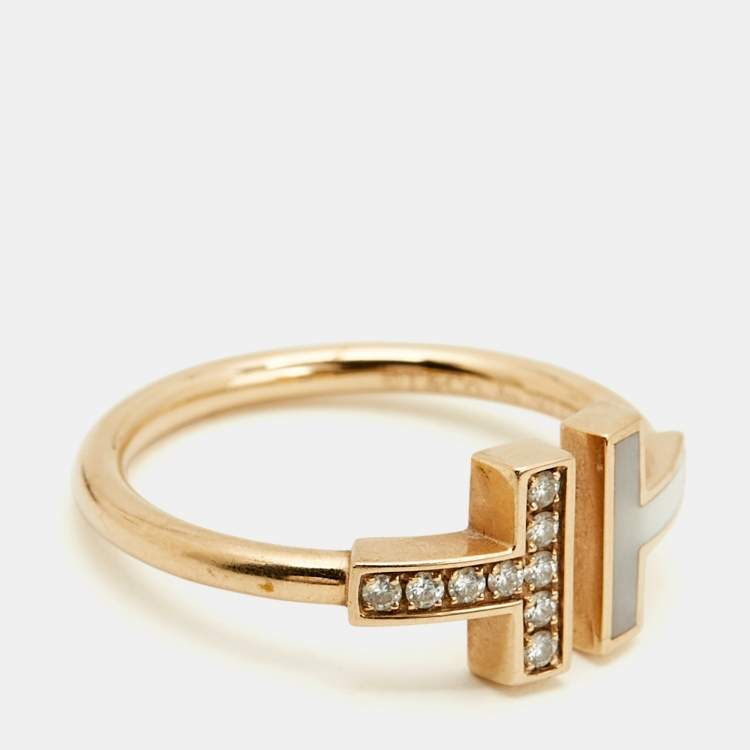 Pre Owned Tiffany & Co. Tiffany T Mother of Pearl Diamond 18k Rose Gold Ring Size 56