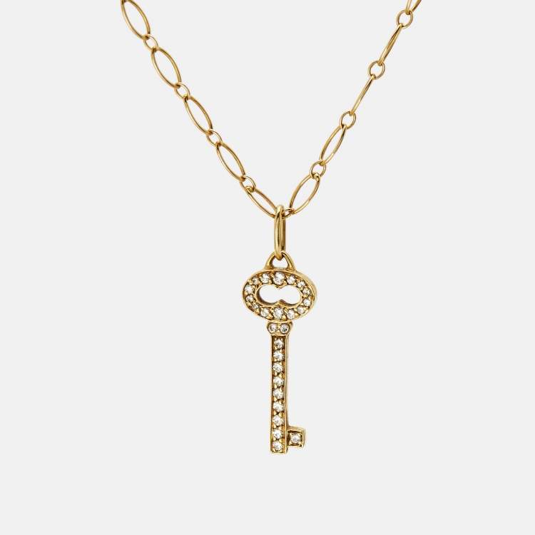 Pre Owned Tiffany & Co. Vintage Oval Key Diamond 18K Yellow Gold Mini Pendant Necklace