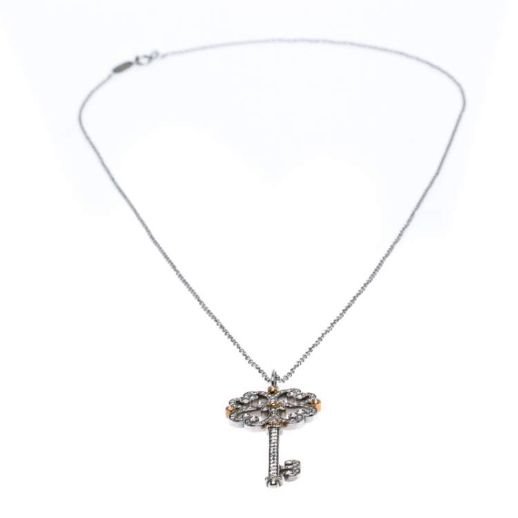 Pre Owned Tiffany & Co. Tiffany Enchant Diamond Platinum & 18K Gold Quatra Heart Key Pendant Necklace