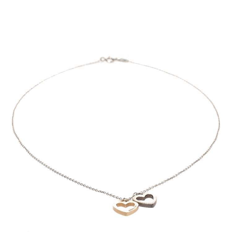 Pre Owned Tiffany & Co. Double Heart 18K Rose Gold & Silver Pendant Necklace  
