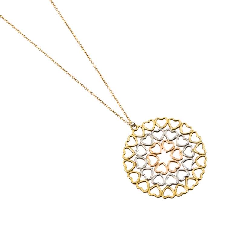 Pre Owned Tiffany & Co. Paloma Picasso Crown of Hearts 18K Three Tone Gold Medallion Pendant Necklace