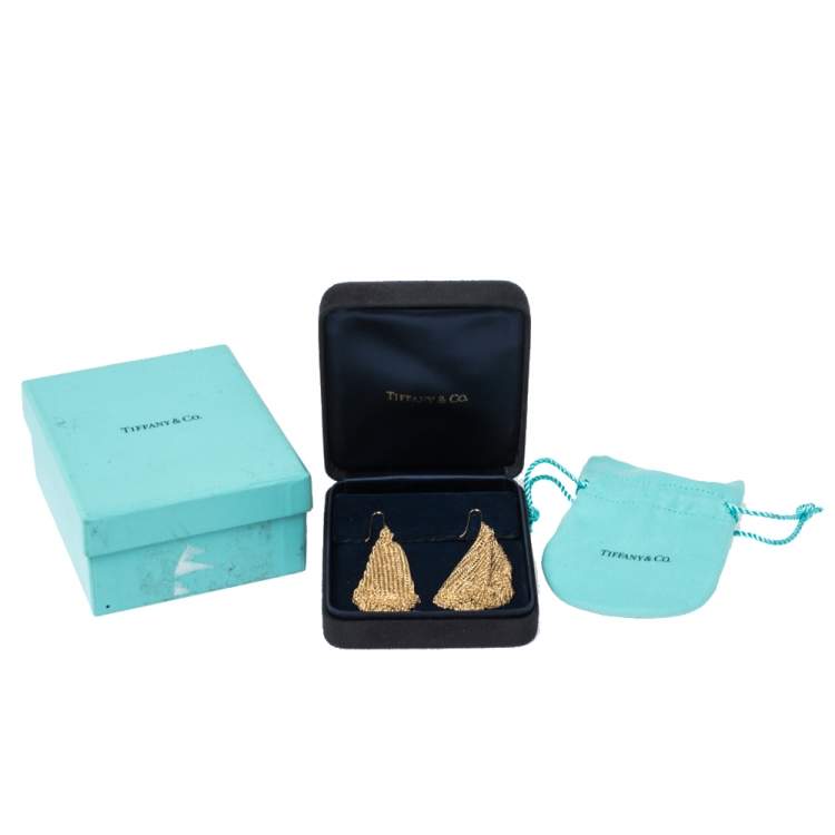 Pre Owned Tiffany & Co. Elsa Peretti Mesh Scarf 18K Yellow Gold Long Hook Earrings