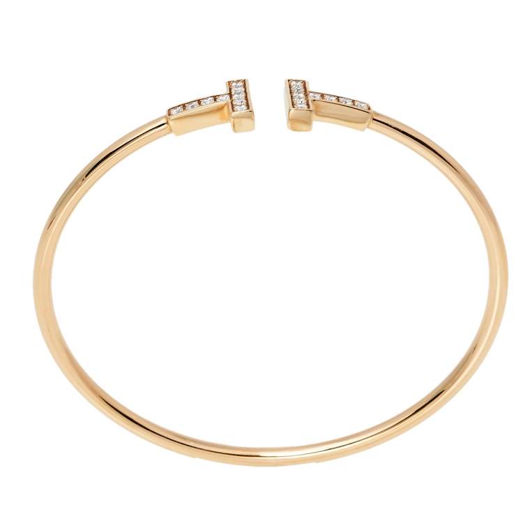 Pre Owned Tiffany & Co. Tiffany T Wire Diamond 18K Rose Gold Narrow Open Cuff Bracelet