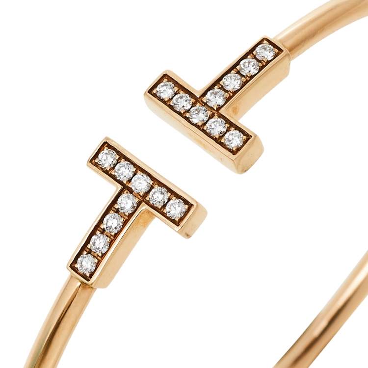 Pre Owned Tiffany & Co. Tiffany T Wire Diamond 18K Rose Gold Narrow Open Cuff Bracelet