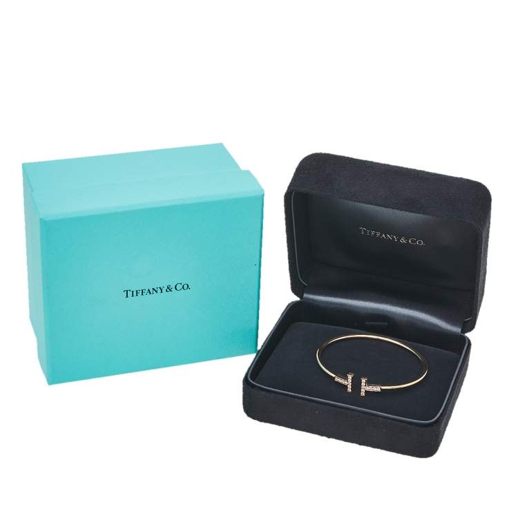 Pre Owned Tiffany & Co. Tiffany T Wire Diamond 18K Rose Gold Narrow Open Cuff Bracelet