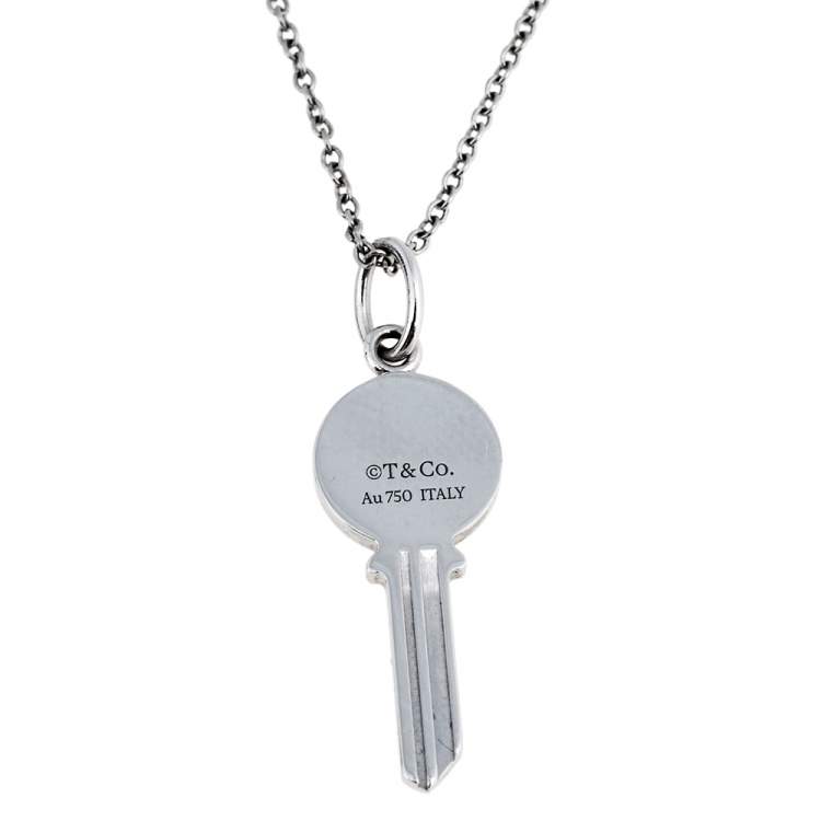 Pre Owned Tiffany & Co. Modern Key Round Key Diamond 18k White Gold Pendant Necklace