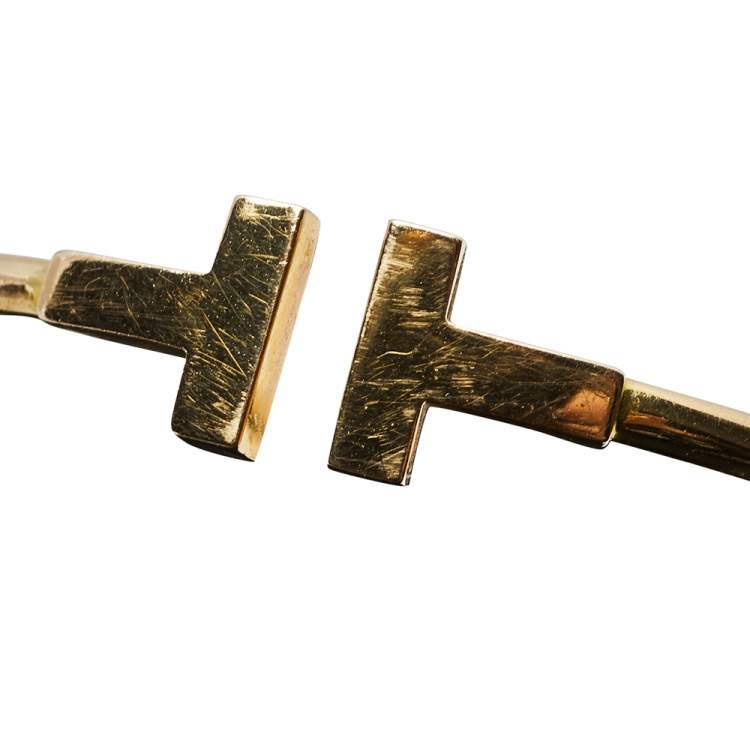 Pre Owned Tiffany & Co. T Wire Narrow 18K Yellow Gold Open Cuff Bracelet 