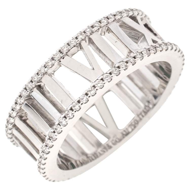 Pre Owned  Tiffany Atlas Diamond 18K White Gold Ring Size 53