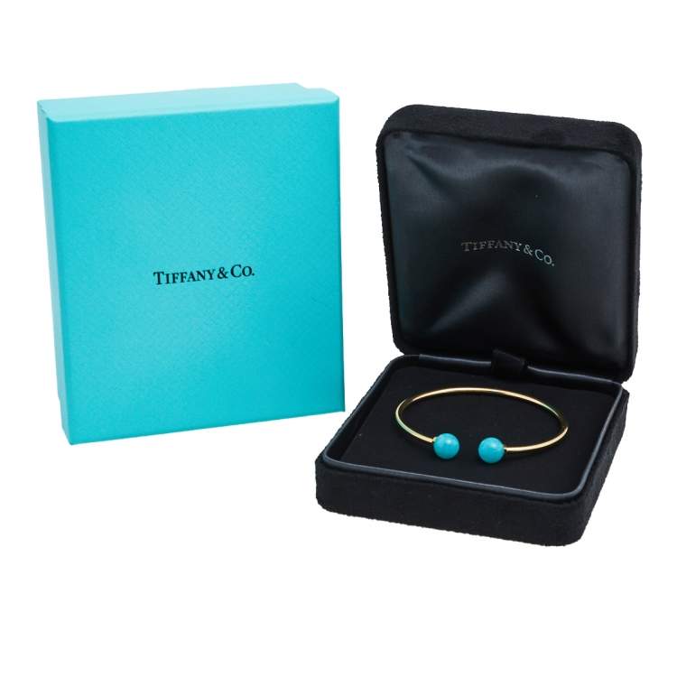 Pre Owned Tiffany & Co. HardWear Ball Wire Amazonite 18k Yellow Gold Open Cuff Bracelet