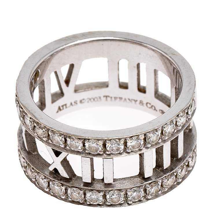 Pre Owned Tiffany & Co. Atlas Diamonds 18K White Gold Open Band Ring Size 49