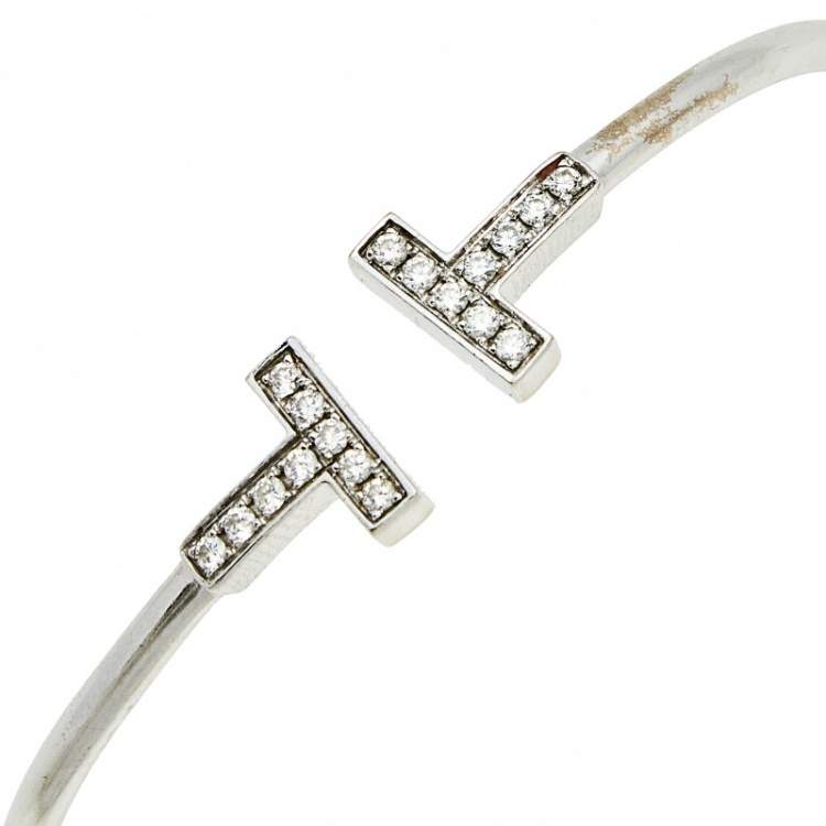 Pre Owned Tiffany & Co. T Wire Diamond 18k White Gold Open Cuff Bracelet SM
