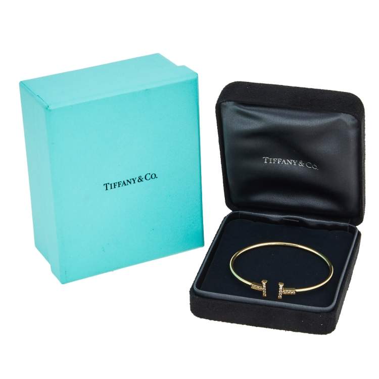 Pre Owned Tiffany & Co. T Wire Diamond 18k Yellow Gold Open Cuff Bracelet