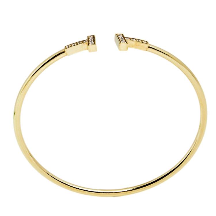 Pre Owned Tiffany & Co. T Wire Diamond 18k Yellow Gold Open Cuff Bracelet