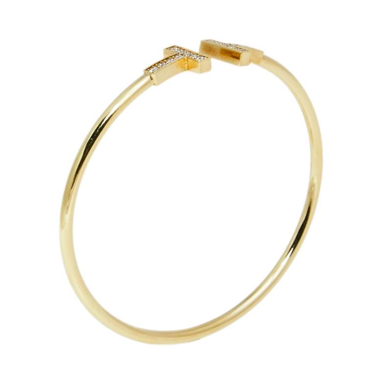 Pre Owned Tiffany & Co. T Wire Diamond 18k Yellow Gold Open Cuff Bracelet
