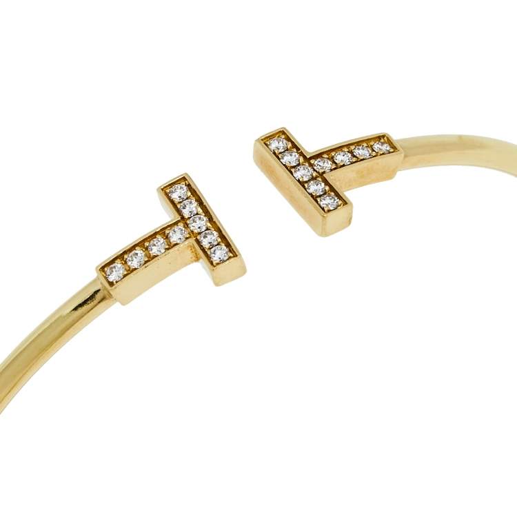 Pre Owned Tiffany & Co. T Wire Diamond 18k Yellow Gold Open Cuff Bracelet