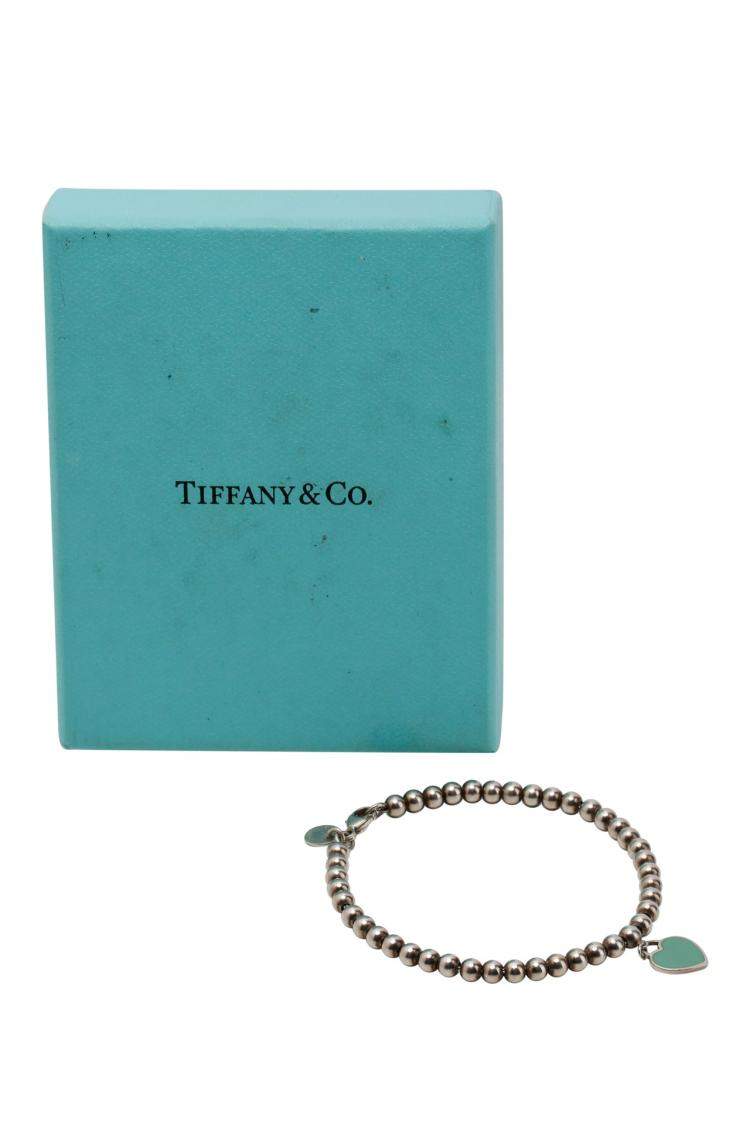 Pre Owned Tiffany Blue Heart Tag Bead Sterling Silver Enamel Bracelet 15.5 