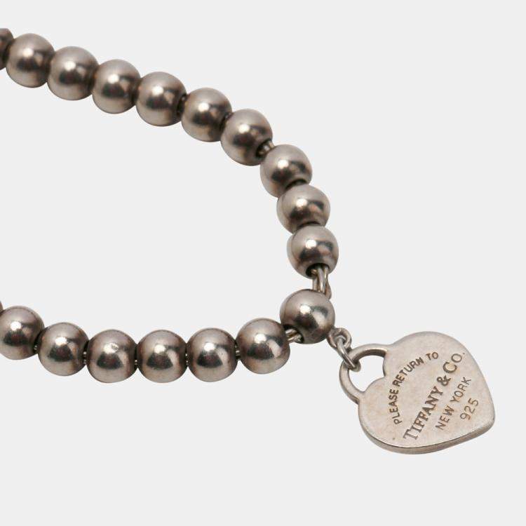 Pre Owned Tiffany Blue Heart Tag Bead Sterling Silver Enamel Bracelet 15.5 