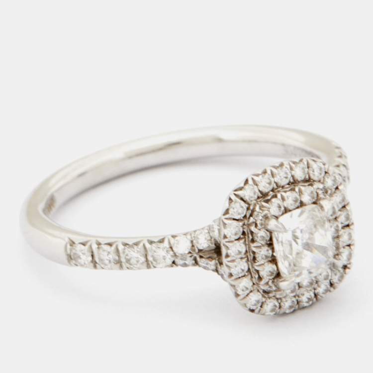 Pre Owned Tiffany & Co. Soleste® Cushion Cut Double Halo Diamond Platinum Engagement Ring Size 51