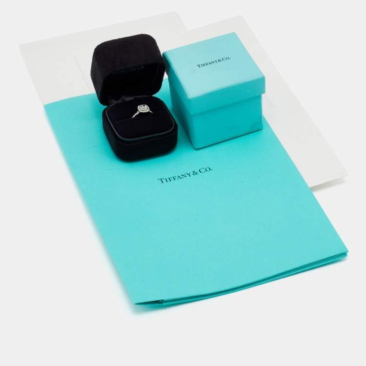 Pre Owned Tiffany & Co. Soleste® Cushion Cut Double Halo Diamond Platinum Engagement Ring Size 51