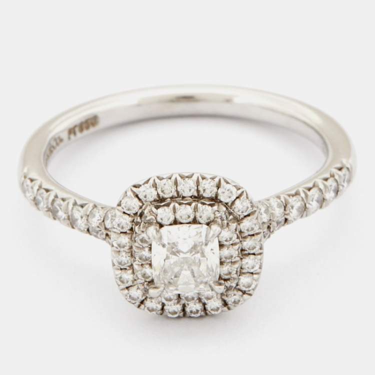 Pre Owned Tiffany & Co. Soleste® Cushion Cut Double Halo Diamond Platinum Engagement Ring Size 51