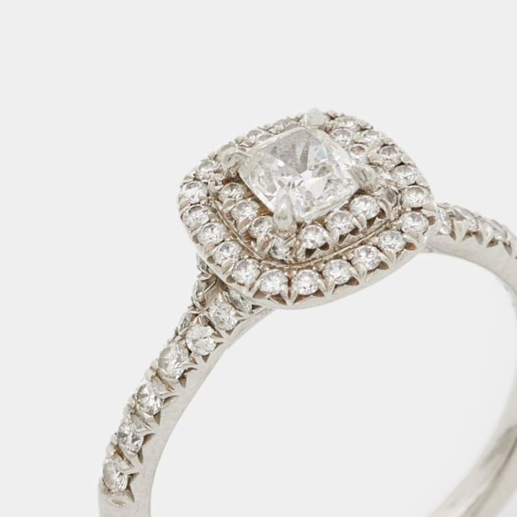 Pre Owned Tiffany & Co. Soleste® Cushion Cut Double Halo Diamond Platinum Engagement Ring Size 51