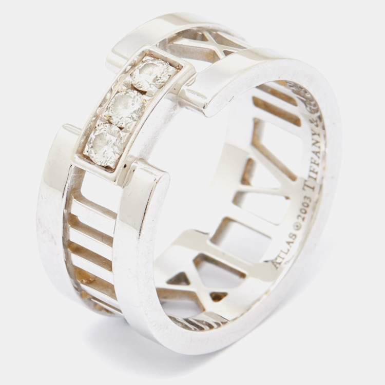 Pre Owned Tiffany & Co. Atlas Diamond 18k White Gold Open Band Ring Size 52