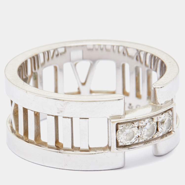 Pre Owned Tiffany & Co. Atlas Diamond 18k White Gold Open Band Ring Size 52
