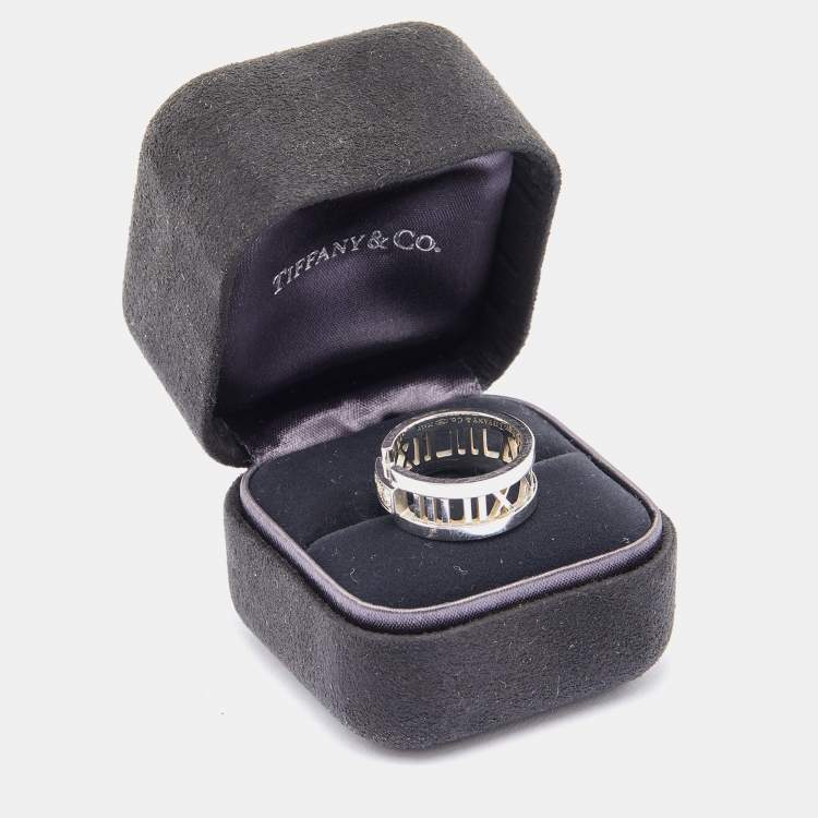 Pre Owned Tiffany & Co. Atlas Diamond 18k White Gold Open Band Ring Size 52