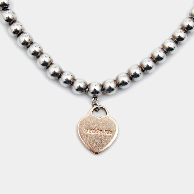 Pre Owned Tiffany & Co. Return to Tiffany Heart 18k Rose Gold Sterling Silver Bead Bracelet  