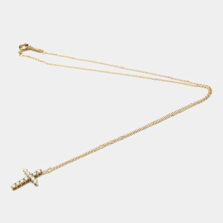 Pre Owned Tiffany & Co. Small Cross 18K Rose Gold Diamond Necklace