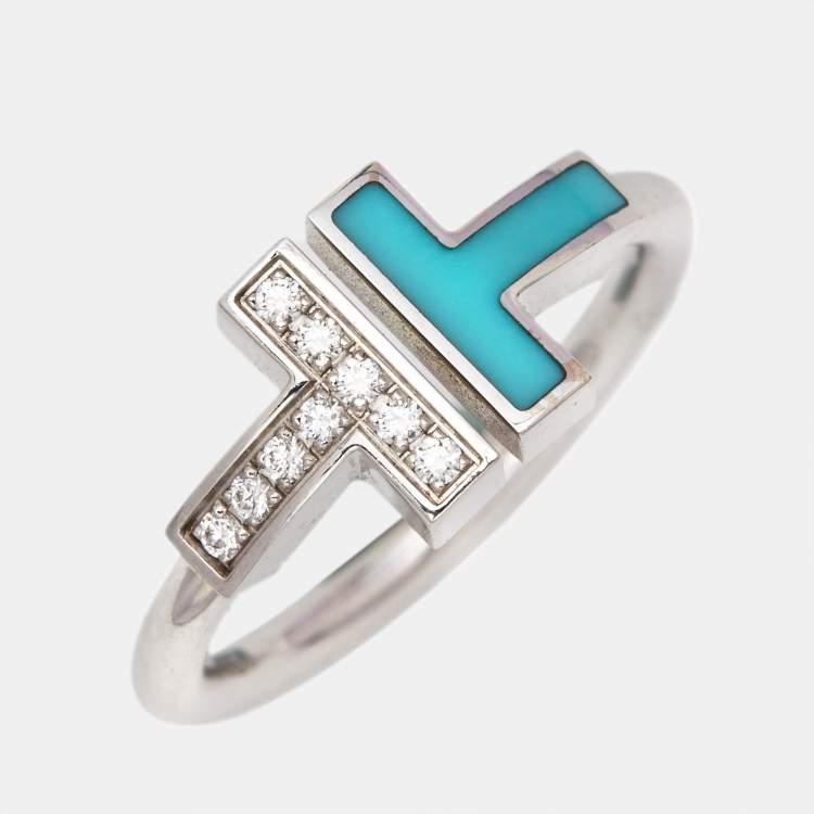 Pre Owned Tiffany & Co. Twire Turquoise Diamonds 18k White Gold Ring Size 52
