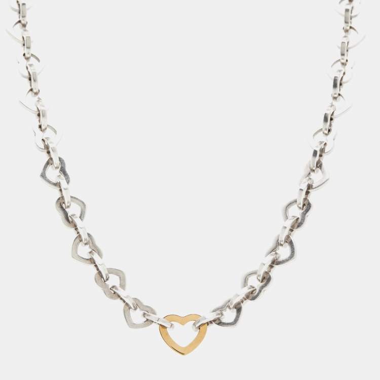 Pre Owned Tiffany & Co. Heart Link Sterling Silver 18k Yellow Gold Necklace