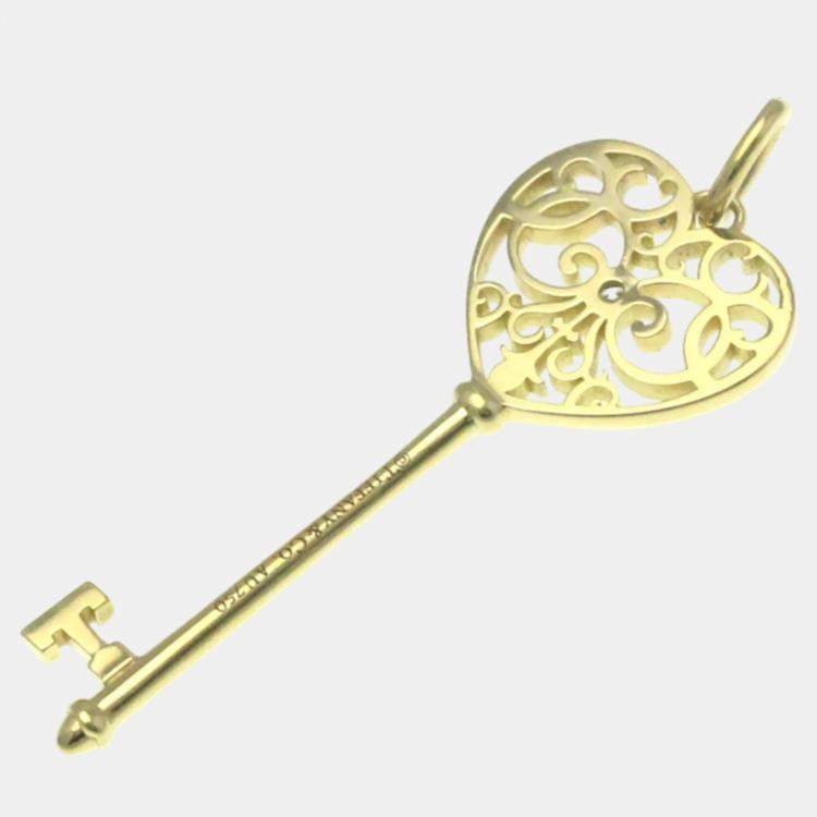 Pre Owned Tiffany & Co. 18K Yellow Gold and Diamond Heart Key Pendant 