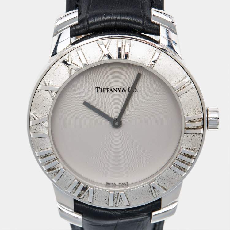 Pre Owned Tiffany & Co. Grey Sterling Silver Embossed Leather Atlas Women's Wristwatch 37 mm