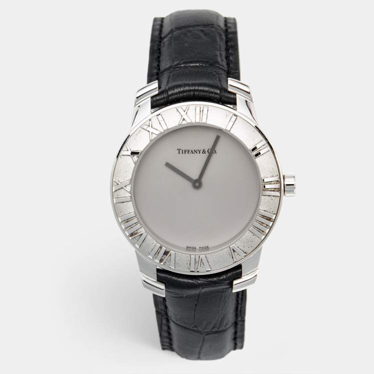 Pre Owned Tiffany & Co. Grey Sterling Silver Embossed Leather Atlas Women's Wristwatch 37 mm