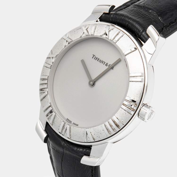 Pre Owned Tiffany & Co. Grey Sterling Silver Embossed Leather Atlas Women's Wristwatch 37 mm