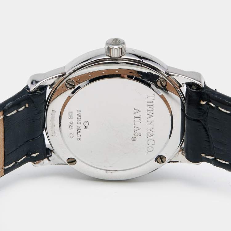 Pre Owned Tiffany & Co. Grey Sterling Silver Embossed Leather Atlas Women's Wristwatch 25 mm