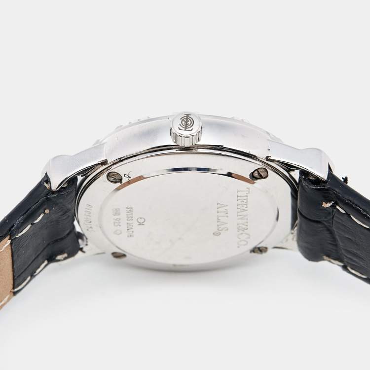 Pre Owned Tiffany & Co. Grey Sterling Silver Embossed Leather Atlas Women's Wristwatch 25 mm