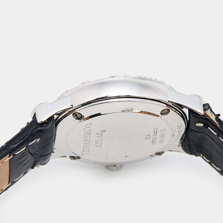 Pre Owned Tiffany & Co. Grey Sterling Silver Embossed Leather Atlas Women's Wristwatch 25 mm