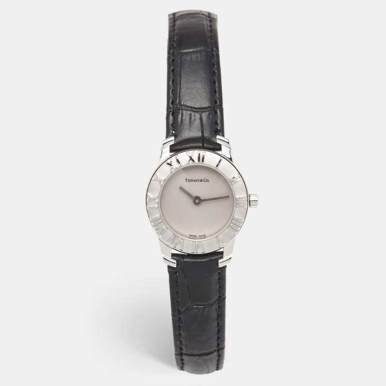 Pre Owned Tiffany & Co. Grey Sterling Silver Embossed Leather Atlas Women's Wristwatch 25 mm