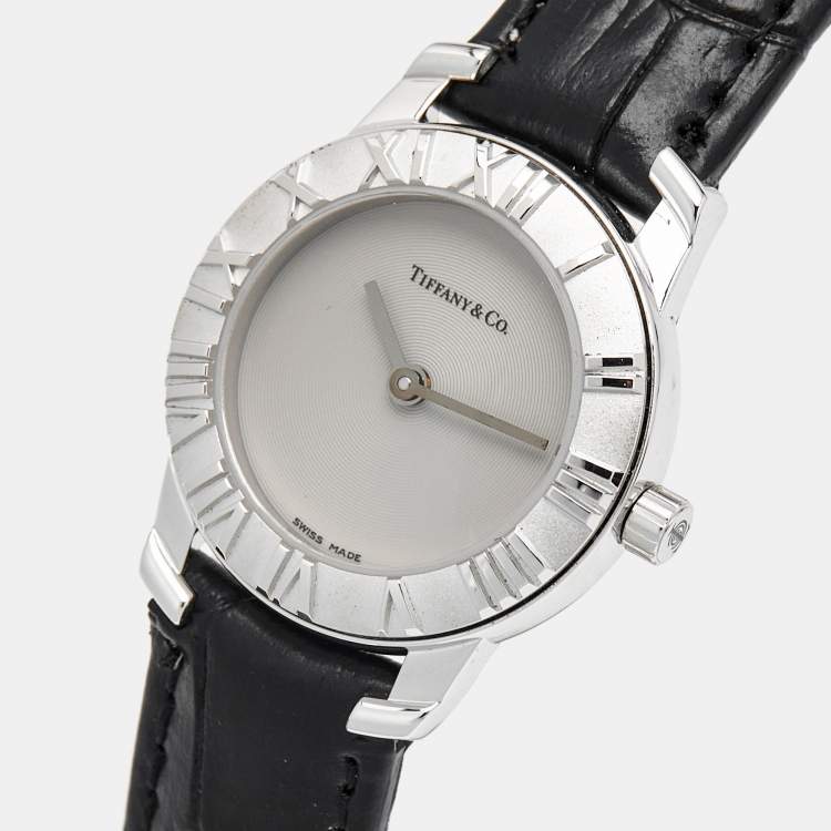 Pre Owned Tiffany & Co. Grey Sterling Silver Embossed Leather Atlas Women's Wristwatch 25 mm