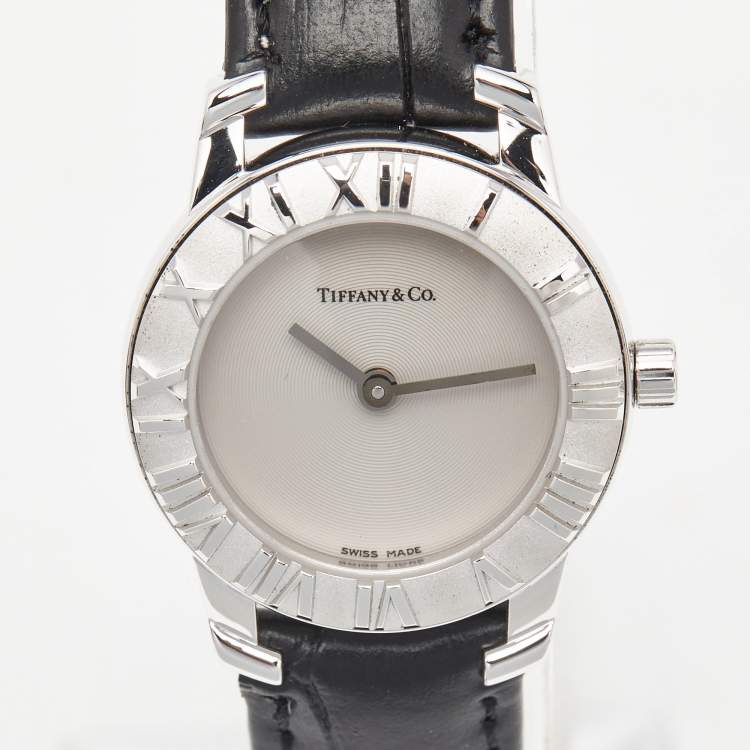 Pre Owned Tiffany & Co. Grey Sterling Silver Embossed Leather Atlas Women's Wristwatch 25 mm