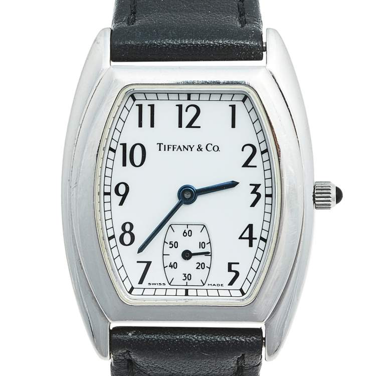 Pre Owned Tiffany & Co White Stainless Steel Lizard Tonneau Men's Wristwatch 27 mm