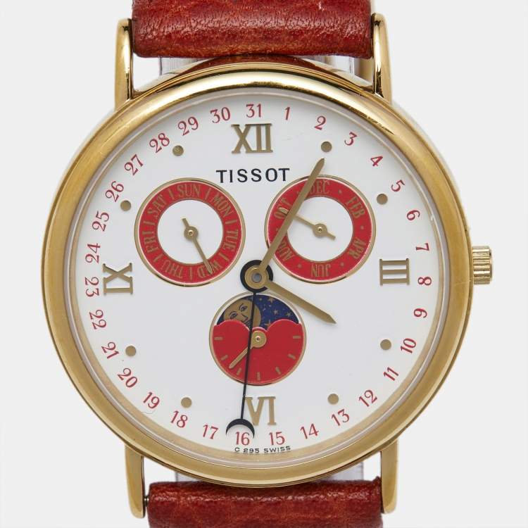 Pre Owned Tissot White Dial Yellow Gold Plated Leather Vintage Moon Phase Annual Calendar C295 Women's Wristwatch 33 mm